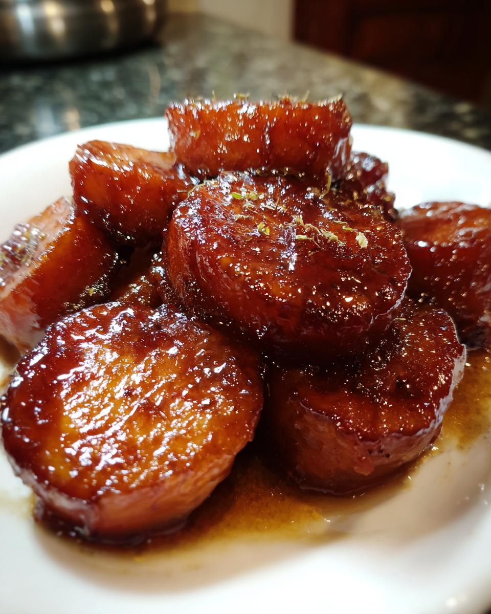 Close-up of thick-cut, glossy, caramelized Southern candied yams stacked on a white plate.