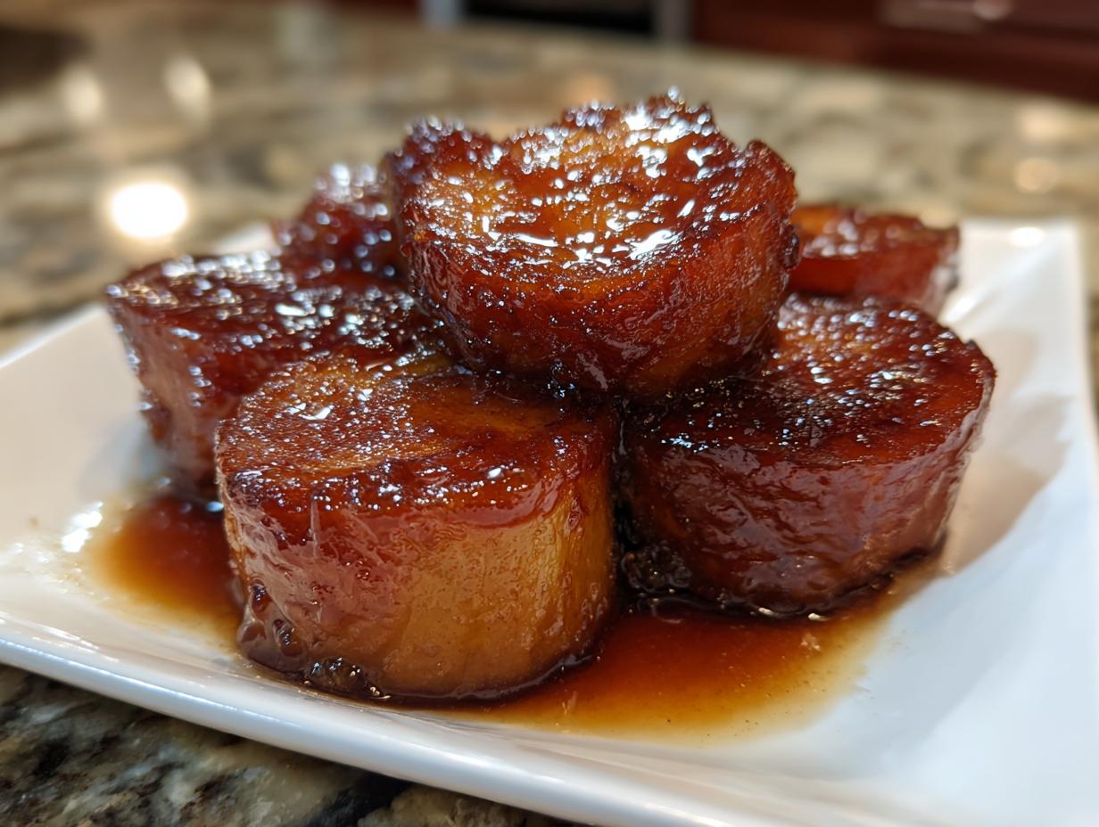 Close-up of thick-cut, glazed Southern candied yams stacked on a white serving dish.