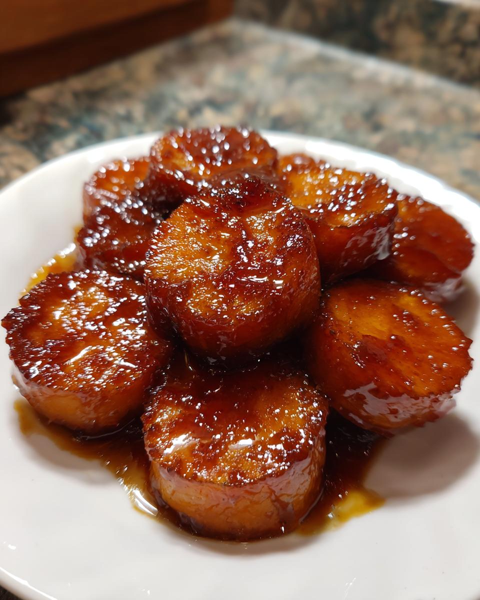 Close-up of thick-cut, glazed southern candied yams glistening in a rich, dark syrup on a white plate.