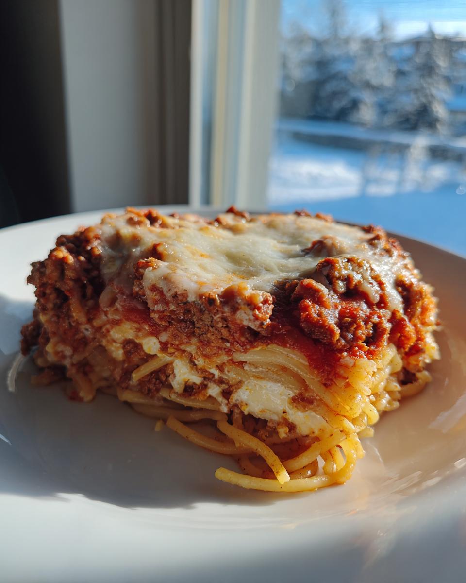 A hearty slice of baked spaghetti pie layered with meat sauce and melted cheese, served on a white plate.