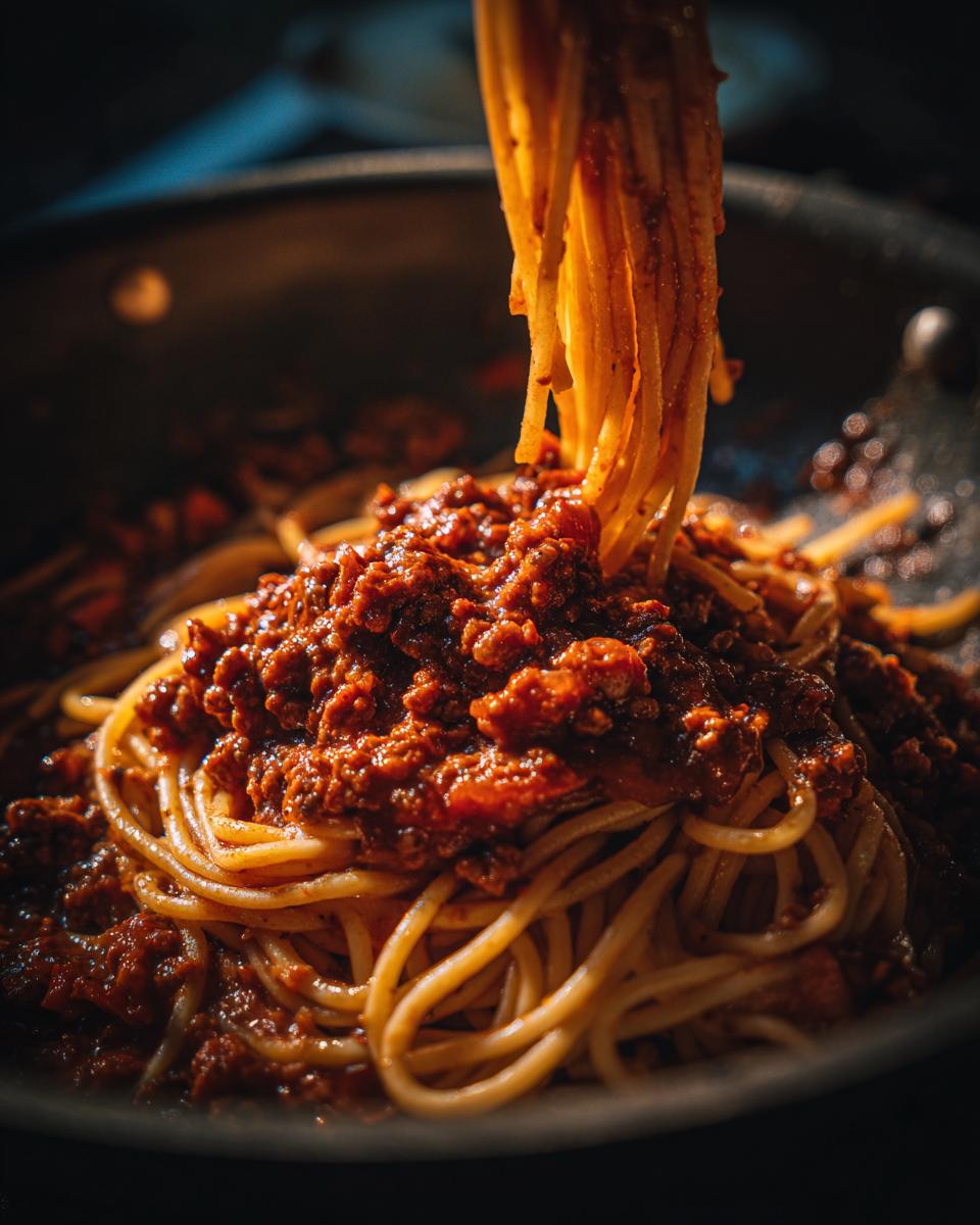 Close-up of spaghetti being lifted from a pan, coated heavily in rich, dark red bolognese sauce.