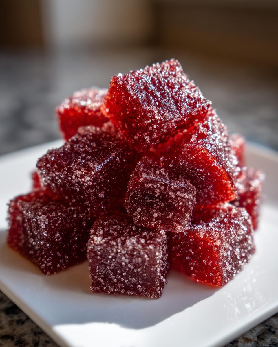Close-up of sparkling, deep red cubes of homemade cinnamon rock candy piled on a white plate.