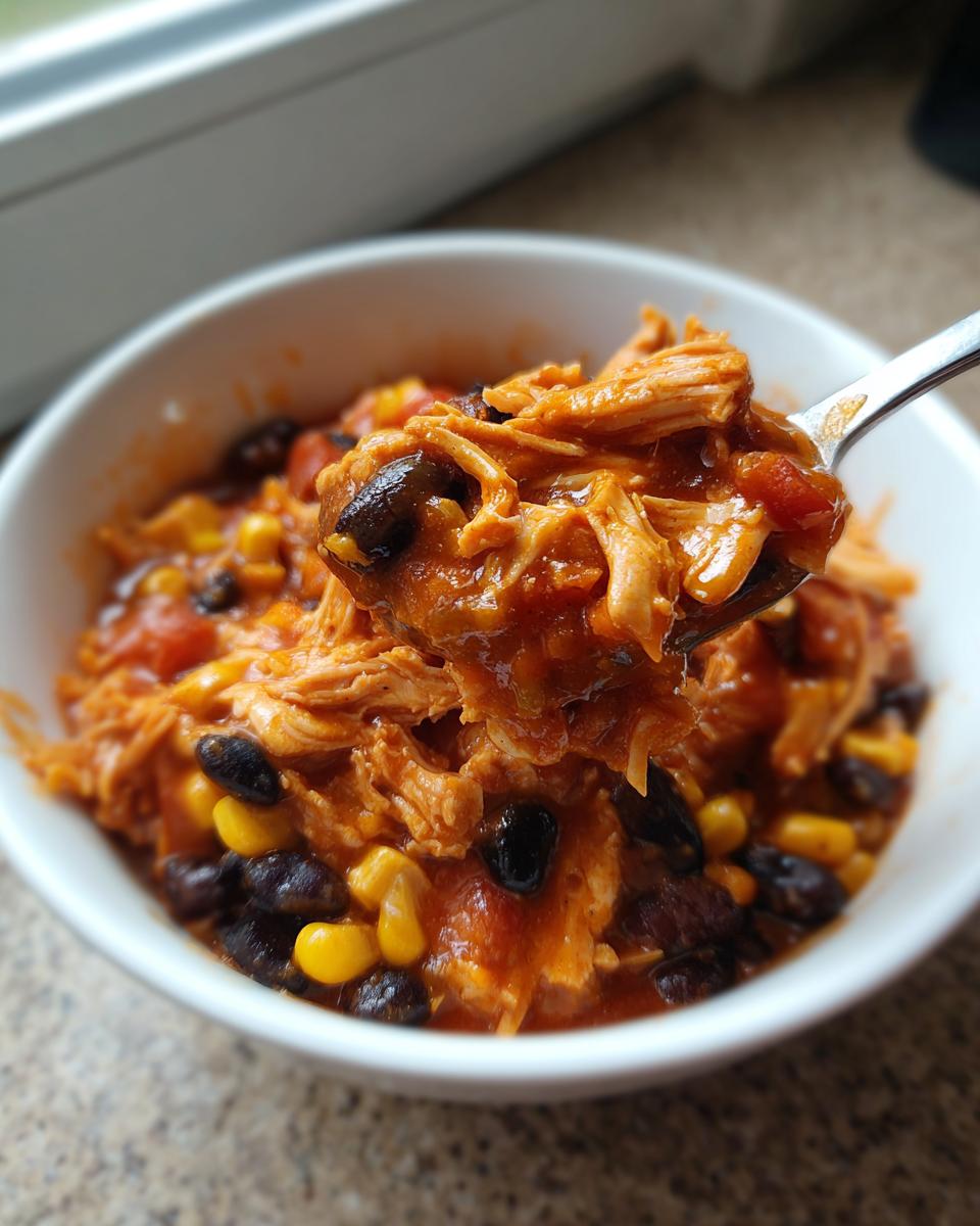 A spoonful of rich, saucy slow cooker buffalo chicken chili filled with shredded chicken, black beans, and corn.