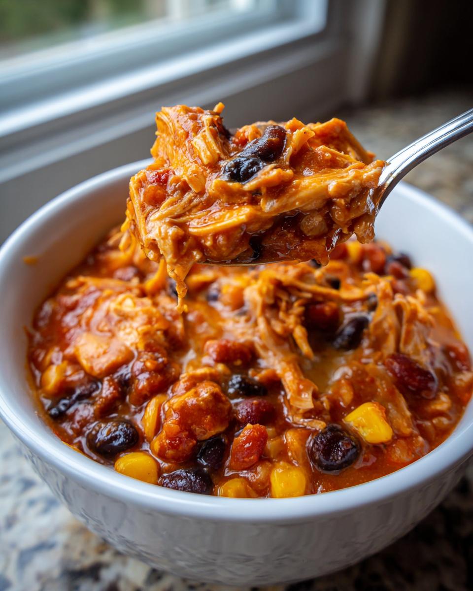 A spoonful of hearty slow cooker buffalo chicken chili being lifted from a white bowl, showing shredded chicken, beans, and corn.