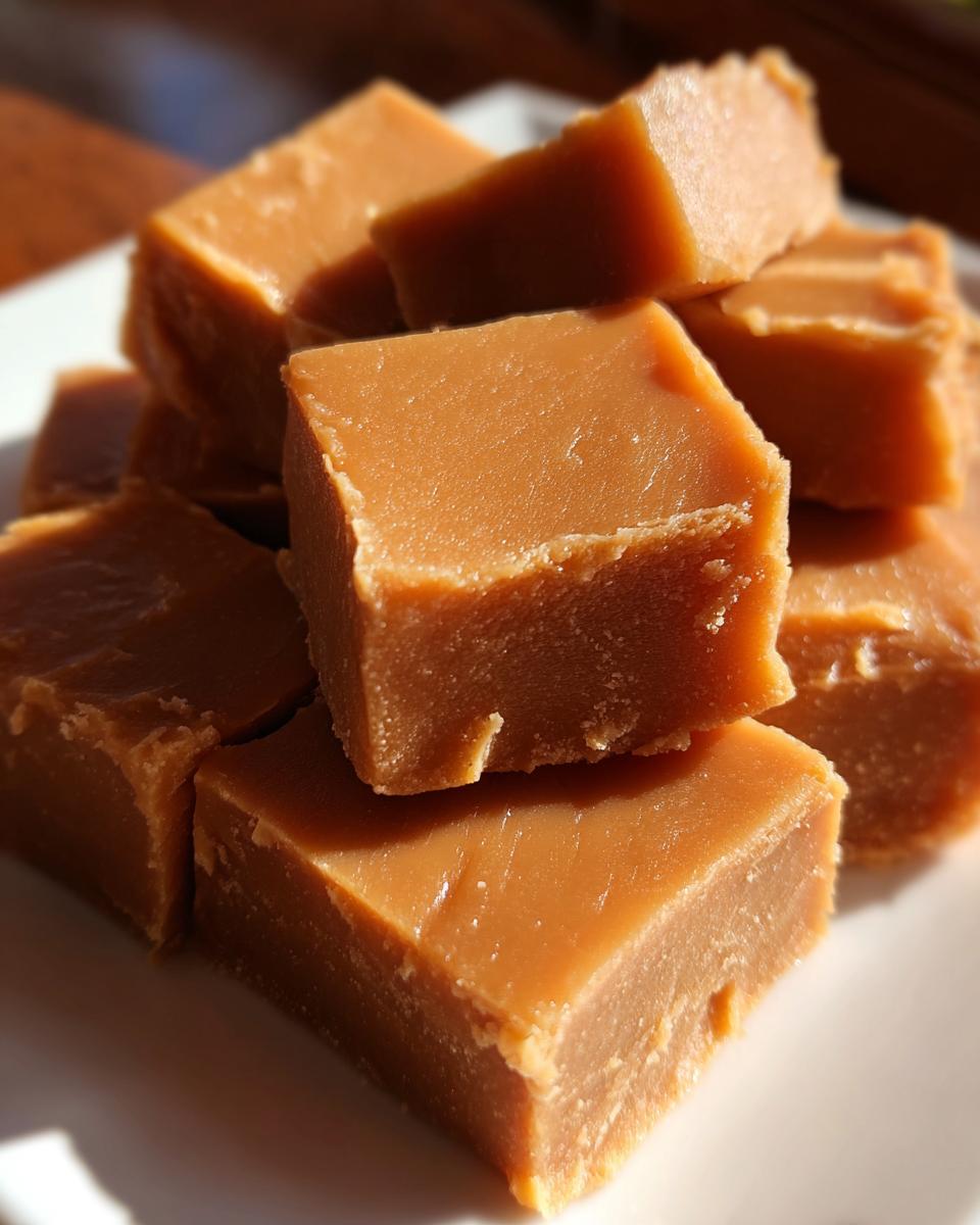 Close-up of stacked, light brown squares of homemade penuche fudge on a white surface.