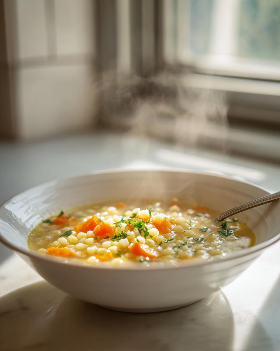 A white bowl filled with hot, steaming penicillin soup featuring small pasta pearls and bright orange carrots, garnished with parsley.