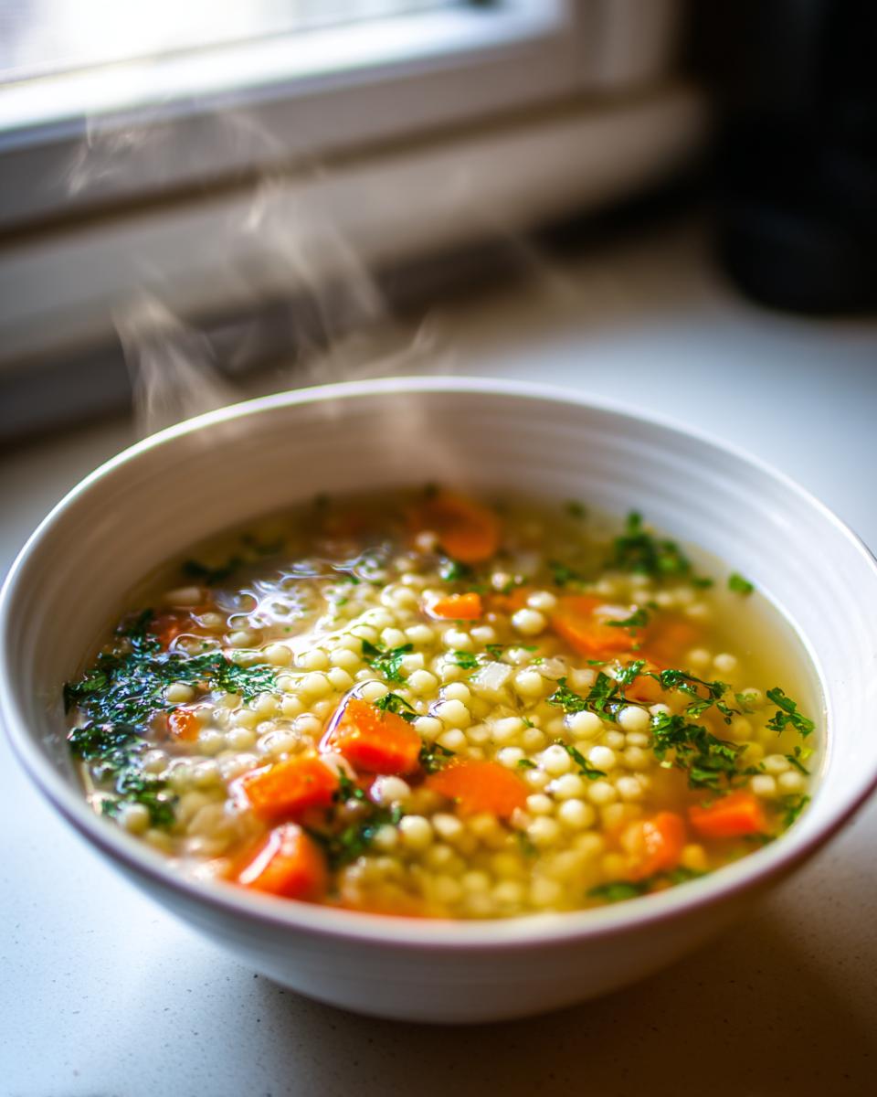A close-up of a steaming white bowl filled with penicillin soup, featuring small pasta pearls, diced carrots, and fresh parsley.