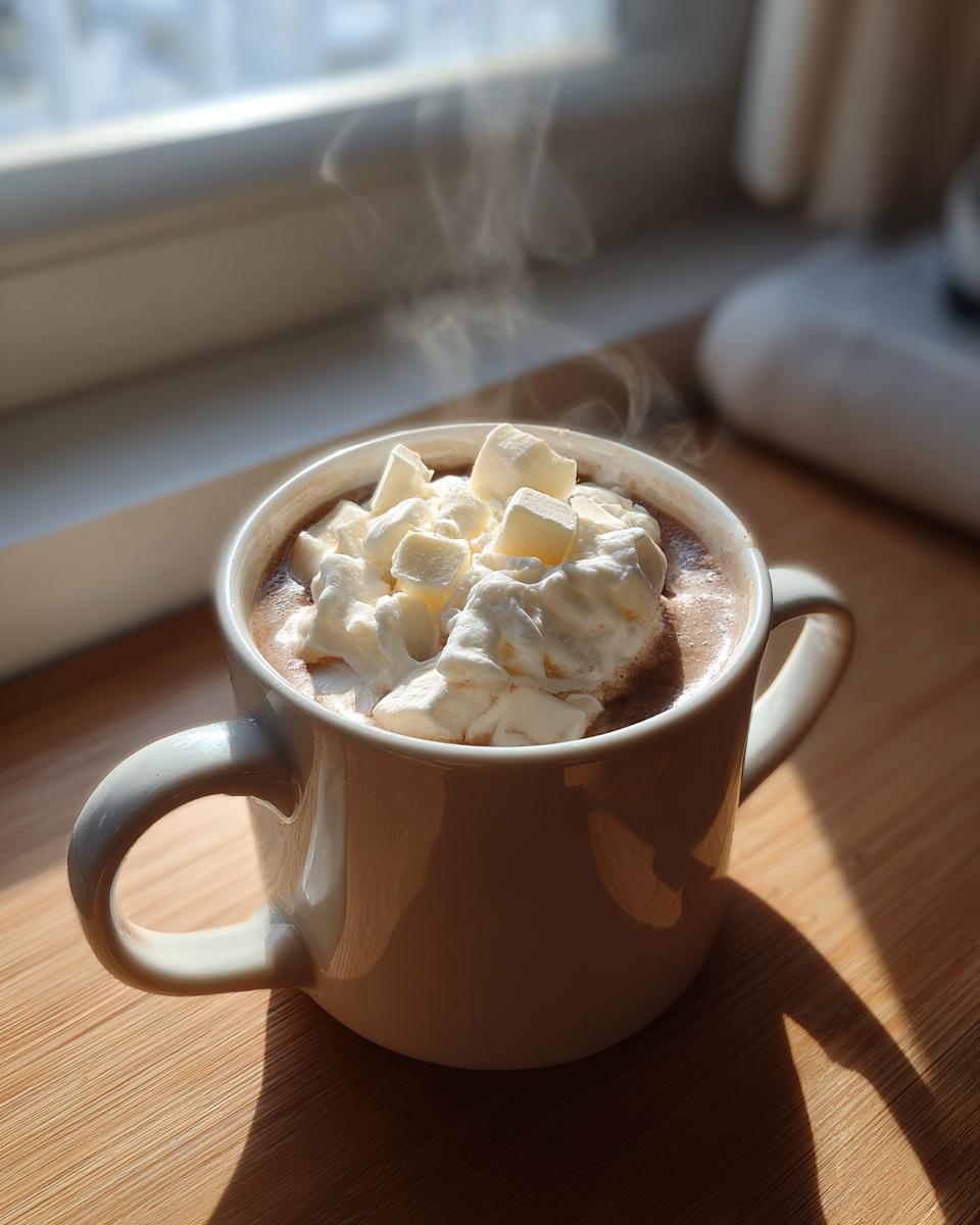 A steaming mug of white hot chocolate topped generously with whipped cream and marshmallows.