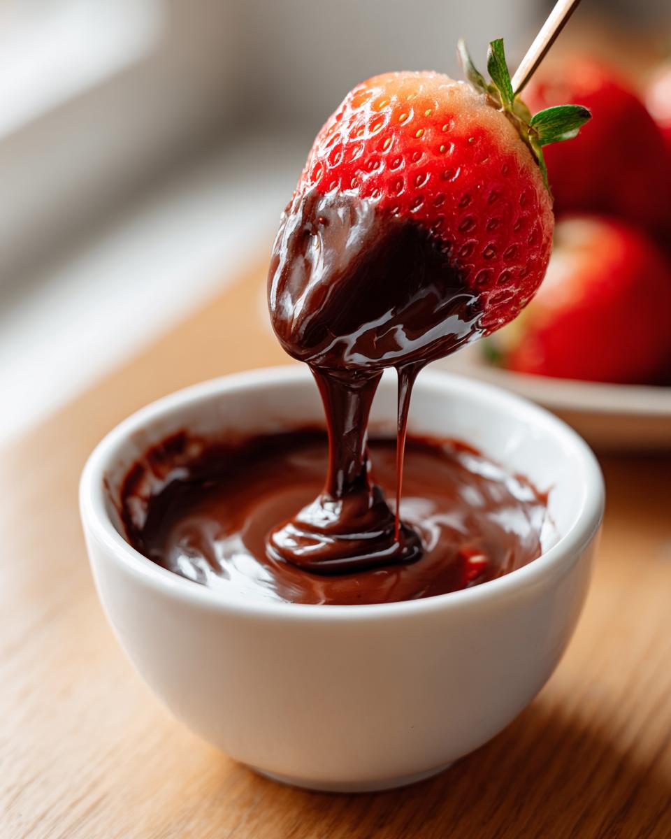 A fresh strawberry being dipped into a small white bowl of rich, melted chocolate fondue.