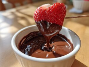 A fresh strawberry being dipped into a small white bowl of rich, melted chocolate fondue.