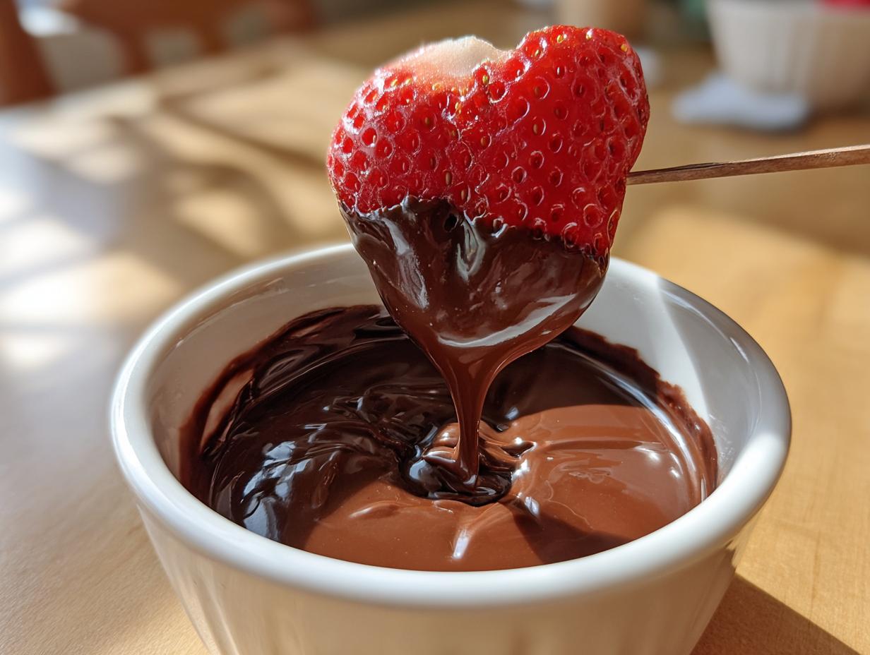 A fresh strawberry being dipped into a small white bowl of rich, melted chocolate fondue.