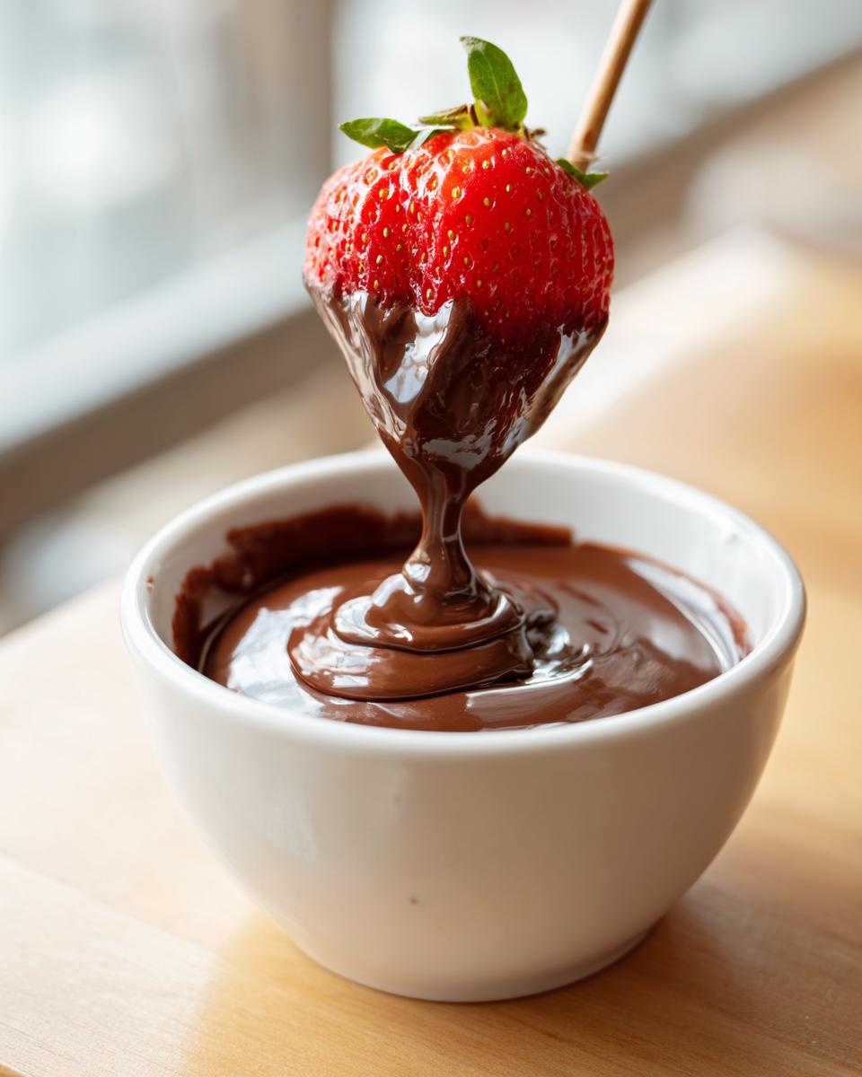 A fresh strawberry being dipped into a bowl of smooth, melted chocolate fondue.
