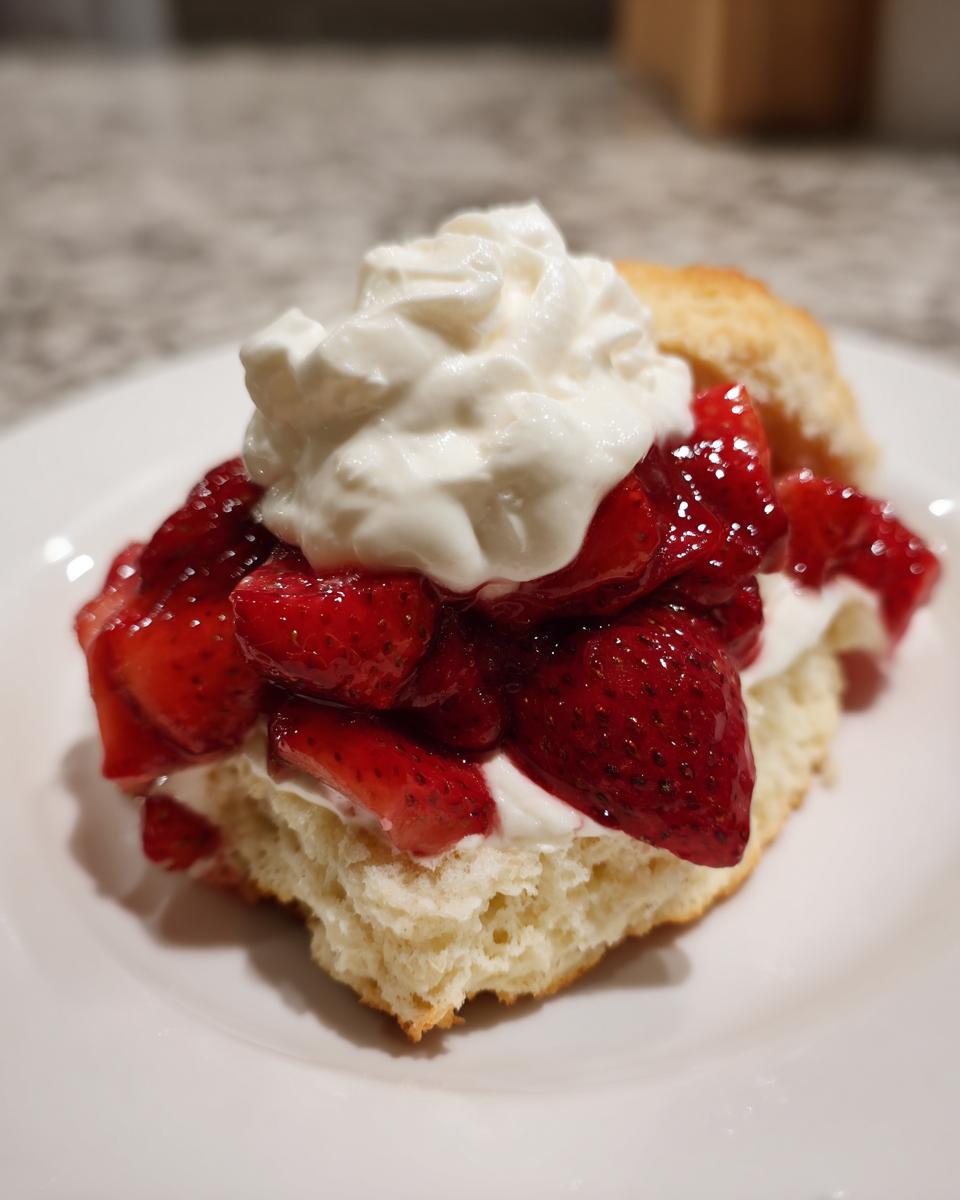 Close-up of a single serving of strawberry shortcake with macerated strawberries and whipped cream.
