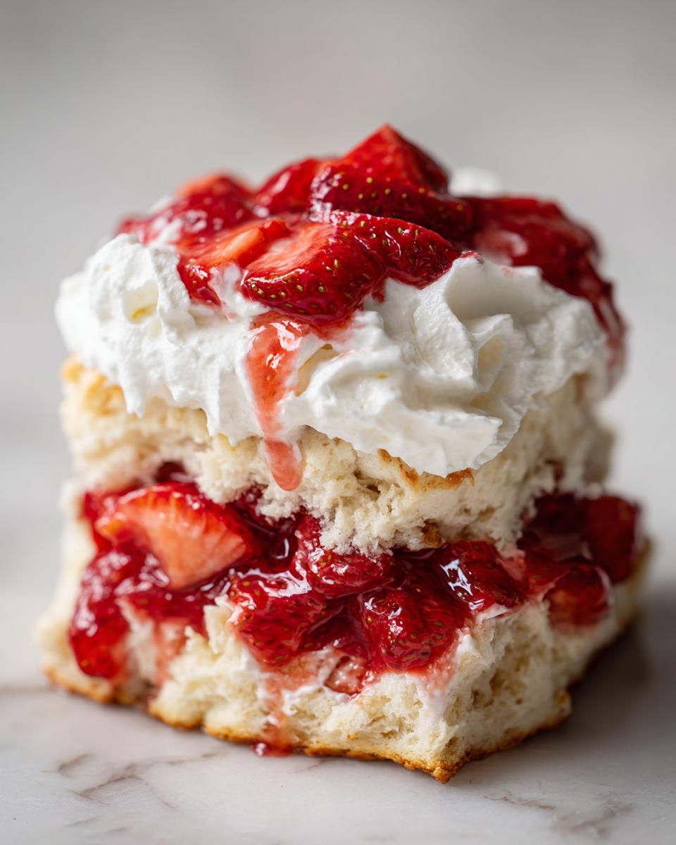 A close-up of a delicious strawberry shortcake slice layered with biscuit, macerated strawberries, and whipped cream.