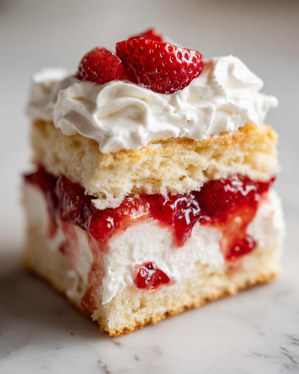 A decadent slice of strawberry shortcake featuring layers of cake, cream, and macerated strawberries, topped with whipped cream.