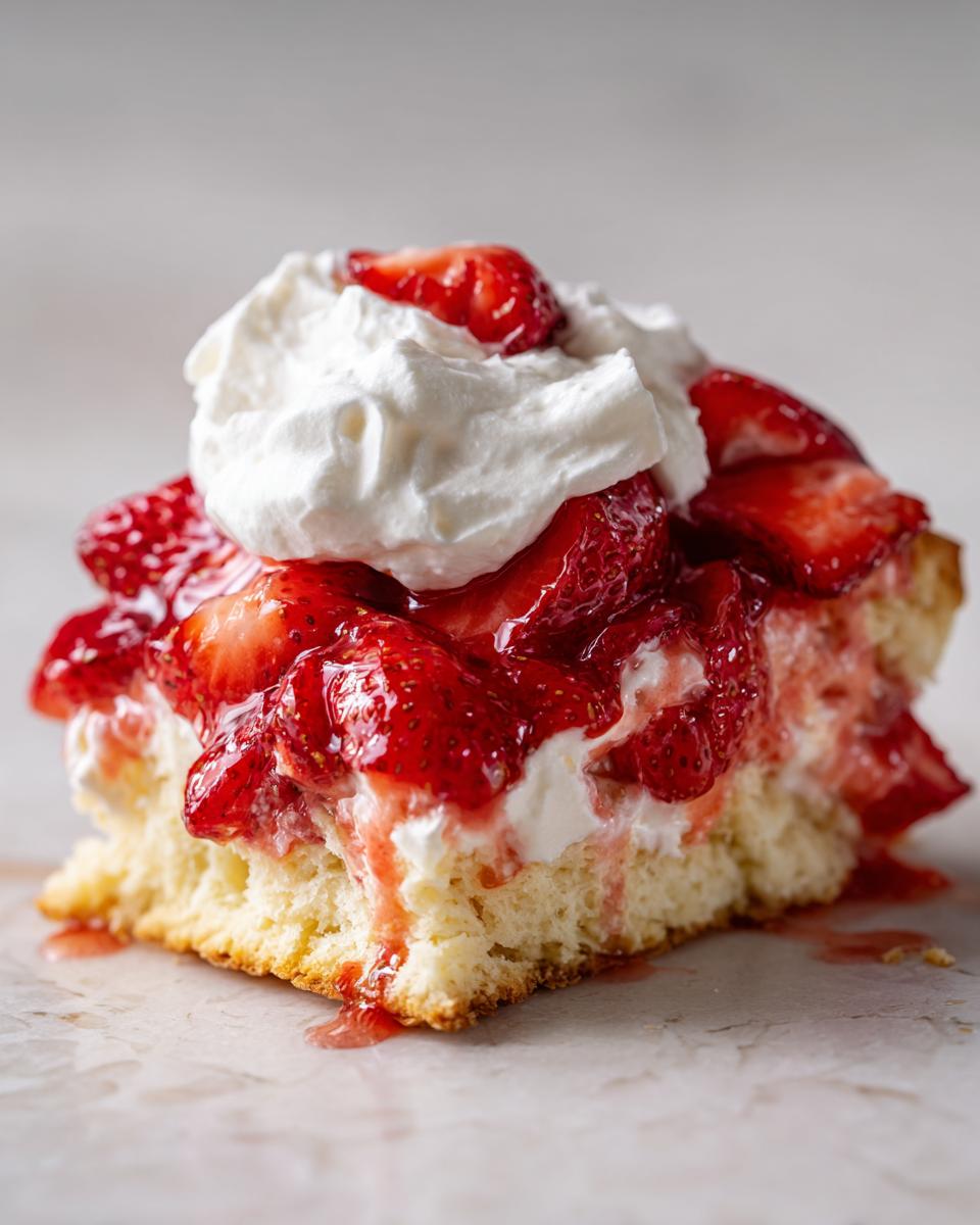 Close-up of a moist slice of strawberry shortcake topped with macerated strawberries and a dollop of whipped cream.