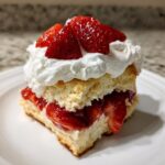 A close-up of a square slice of strawberry shortcake layered with macerated strawberries and topped with whipped cream.