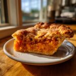 A delicious slice of sweet potato cobbler with a golden, crumbly top, sitting on a white plate.