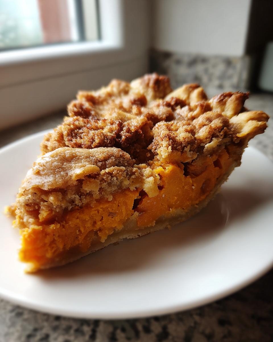 Close-up of a slice of sweet potato cobbler showing the bright orange filling and brown, sugary crumb topping.