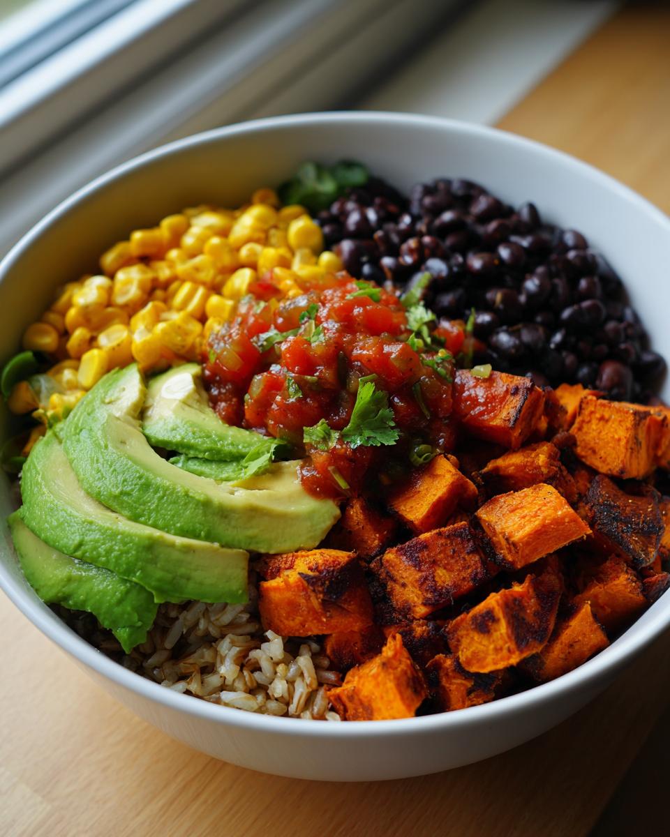 A vibrant close-up of a sweet potato taco bowl featuring seasoned sweet potato cubes, brown rice, black beans, corn, avocado, and salsa.
