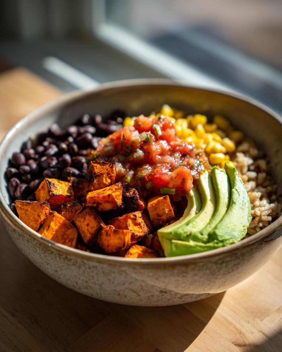 Close-up of a vibrant sweet potato taco bowl featuring roasted sweet potato cubes, black beans, corn, salsa, and avocado slices.