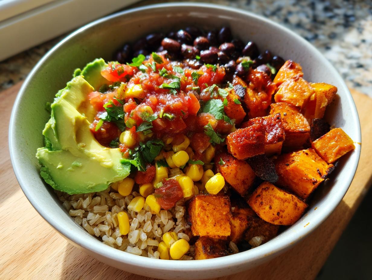 A vibrant sweet potato taco bowl featuring seasoned sweet potatoes, brown rice, avocado, black beans, corn, and salsa.