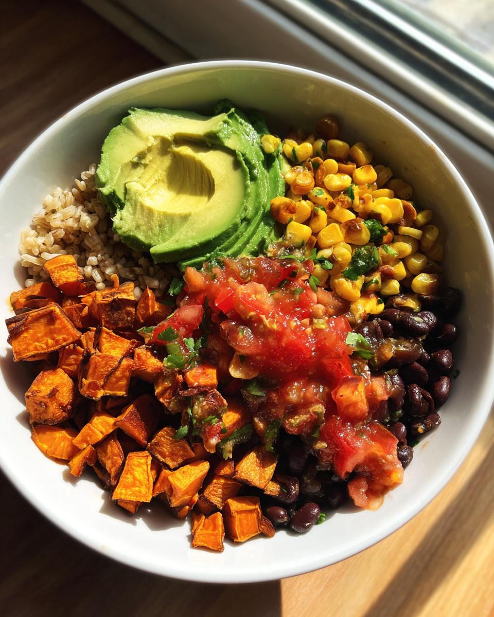 Overhead view of a vibrant sweet potato taco bowl featuring roasted sweet potatoes, black beans, corn, brown rice, salsa, and sliced avocado.