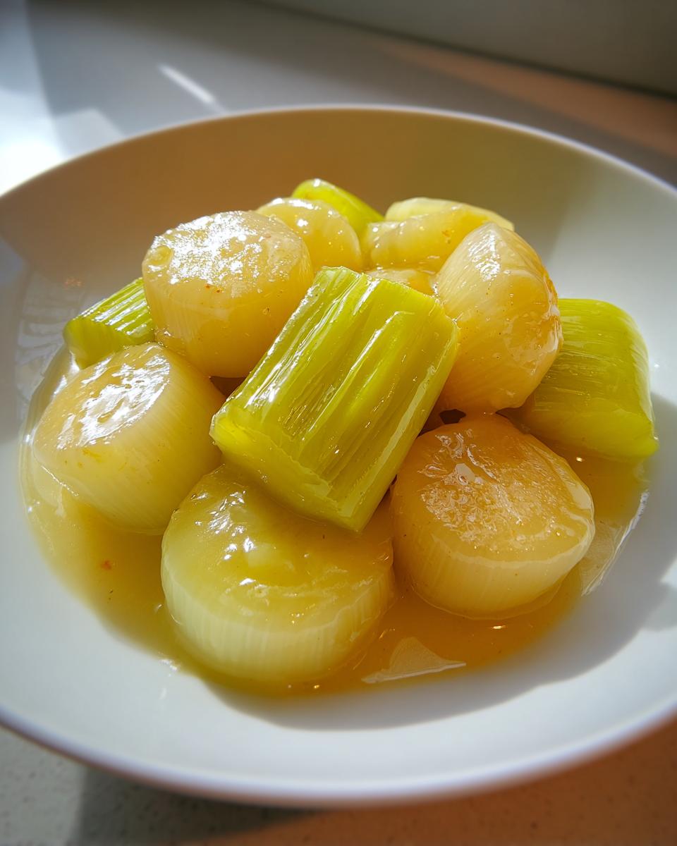 Close-up of tender braised leeks, cut into rounds and short segments, glistening in a savory yellow sauce.