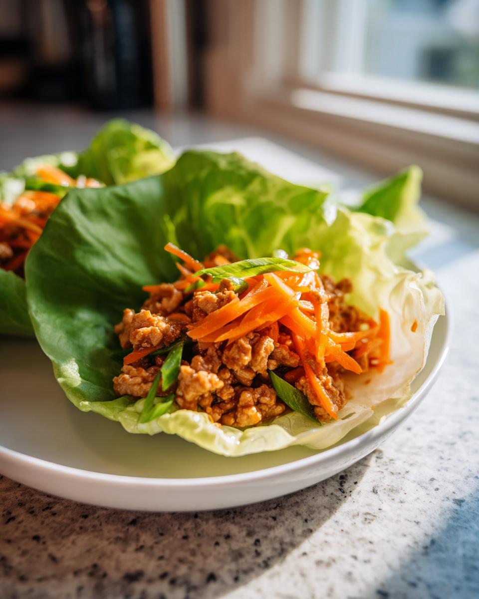 Close-up of one serving of thai chicken lettuce wraps filled with ground meat and shredded carrots.