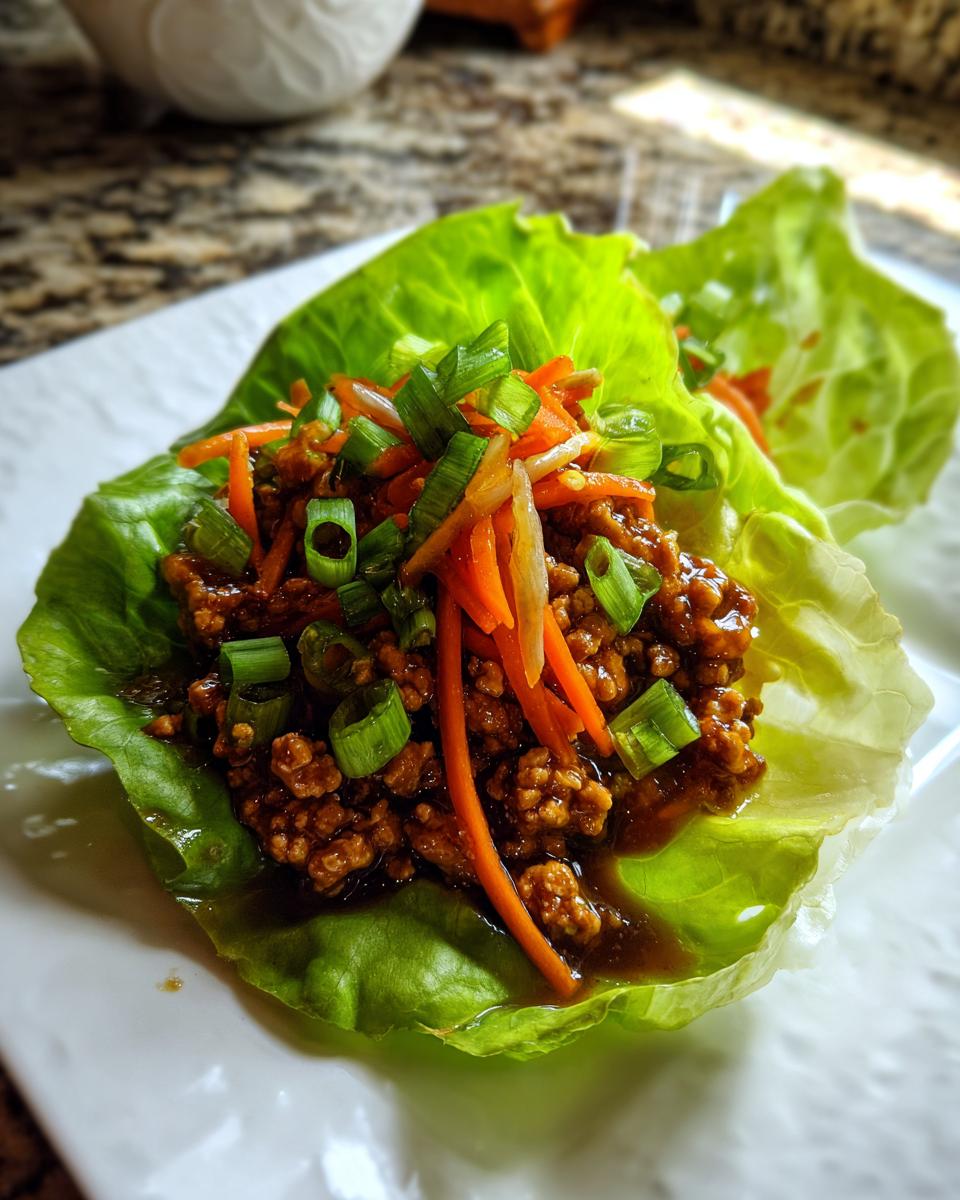 Two servings of thai chicken lettuce wraps filled with savory ground chicken mixture, topped with shredded carrots and green onions.