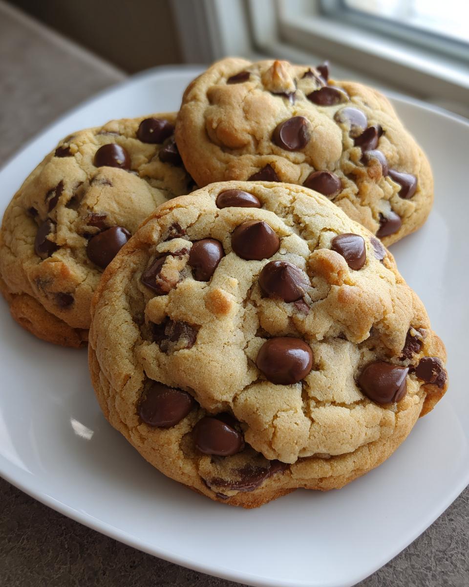 Close-up of three thick, chewy sourdough chocolate chip cookies piled on a white plate near a window.