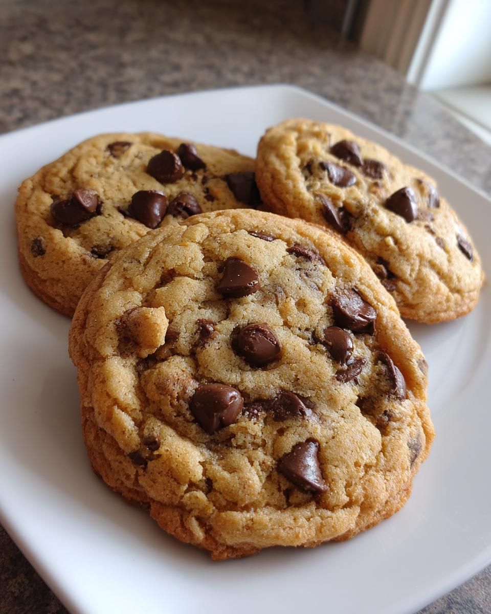 Close-up of three golden brown sourdough chocolate chip cookies piled on a white square plate.