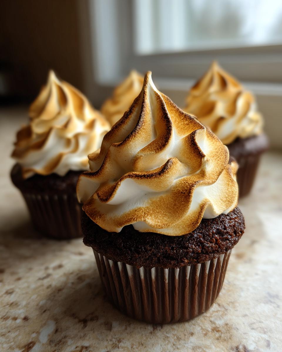 A close-up of a rich chocolate cupcake topped with perfectly piped, toasted marshmallow frosting, one of several hot chocolate cupcakes.