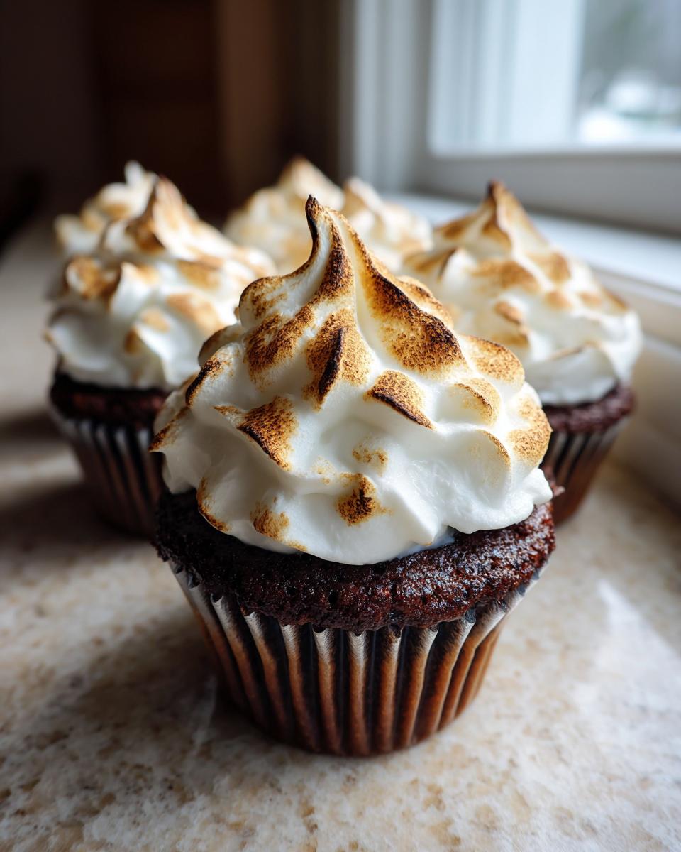 Close-up of rich chocolate hot chocolate cupcakes topped with fluffy, toasted meringue frosting.