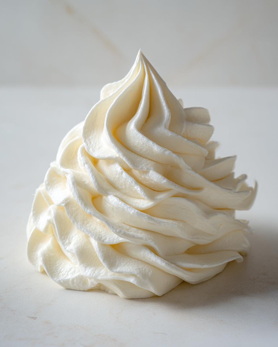 A perfectly piped swirl of creamy, pale yellow vanilla buttercream frosting on a light surface.