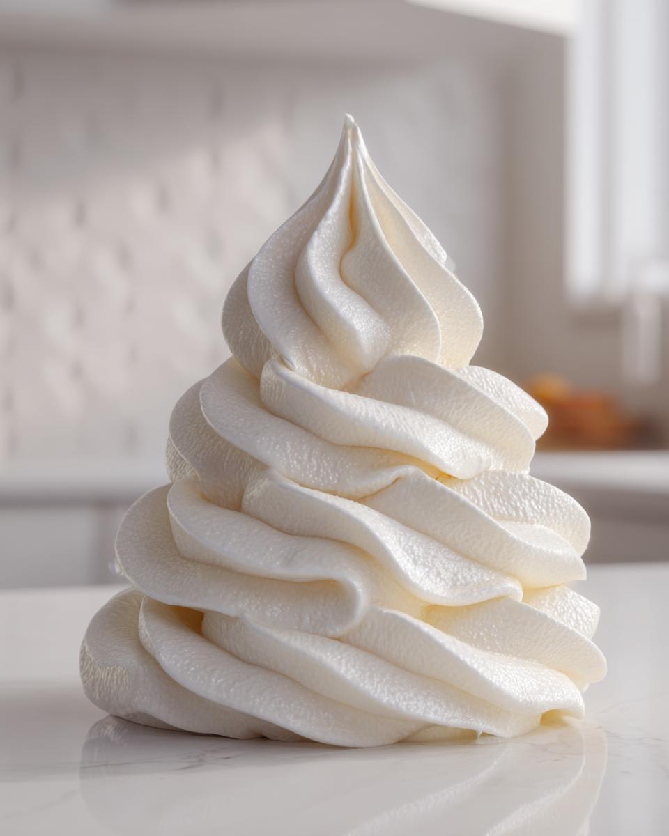 A tall, perfectly piped swirl of creamy white vanilla buttercream frosting on a marble surface.