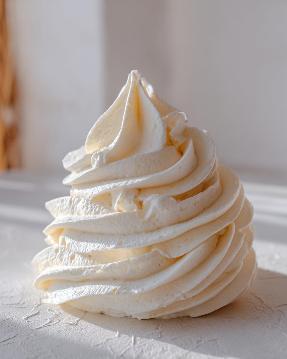 A tall, perfectly piped swirl of creamy, pale yellow vanilla buttercream frosting on a textured white surface.