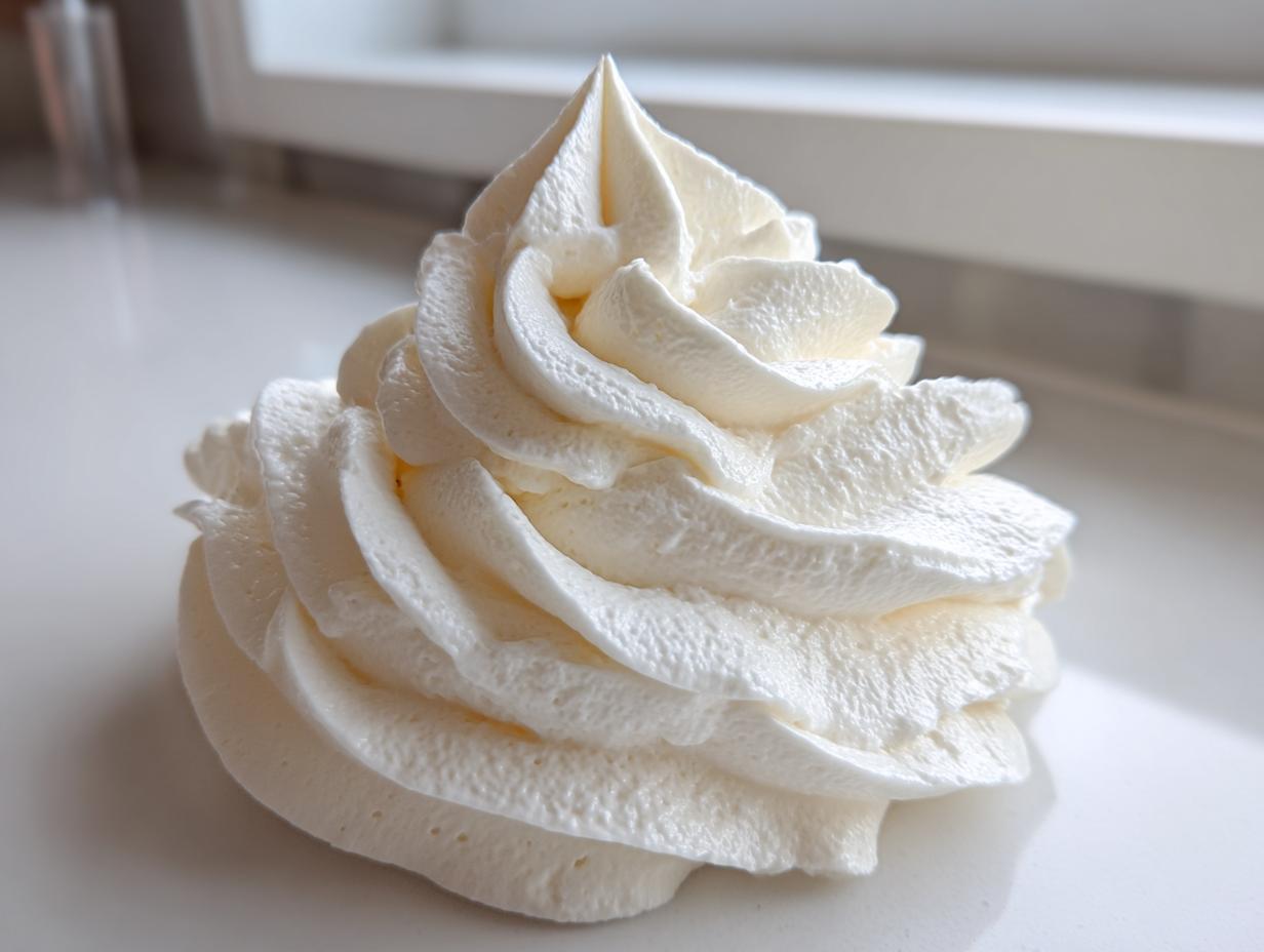A perfectly piped swirl of creamy, white vanilla buttercream frosting sitting on a bright white surface.