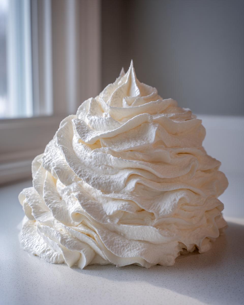 A large, perfectly piped mound of creamy white vanilla buttercream frosting with defined swirls.