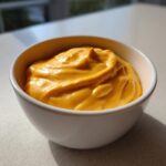 A close-up of rich, bright orange nacho cheese sauce swirled inside a small white bowl.
