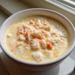Close-up of a bowl of creamy, rich she crab soup generously topped with white and orange lump crab meat.