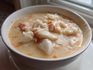 Close-up of a white bowl filled with creamy, rich she crab soup topped with large chunks of white and pink crab meat.