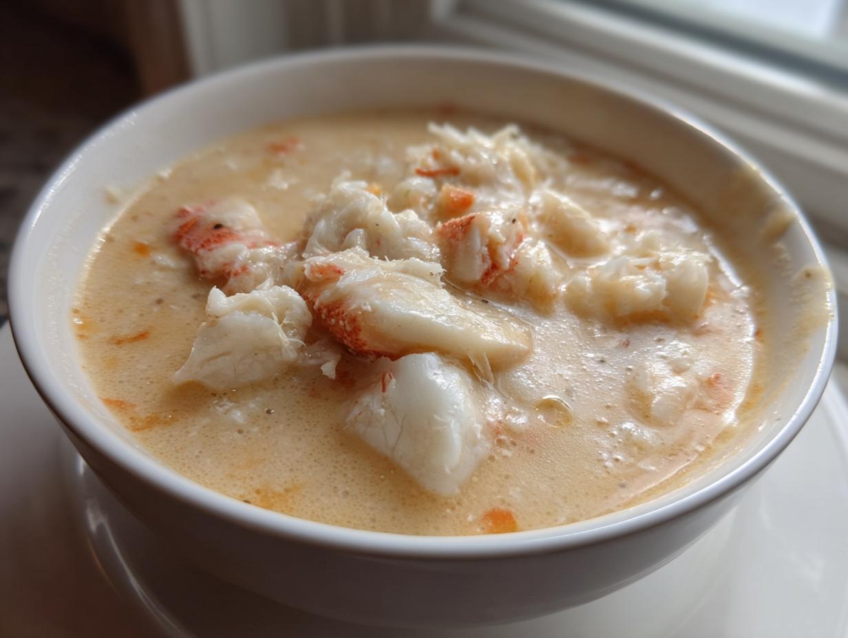 Close-up of a white bowl filled with creamy, rich she crab soup topped with large chunks of white and pink crab meat.