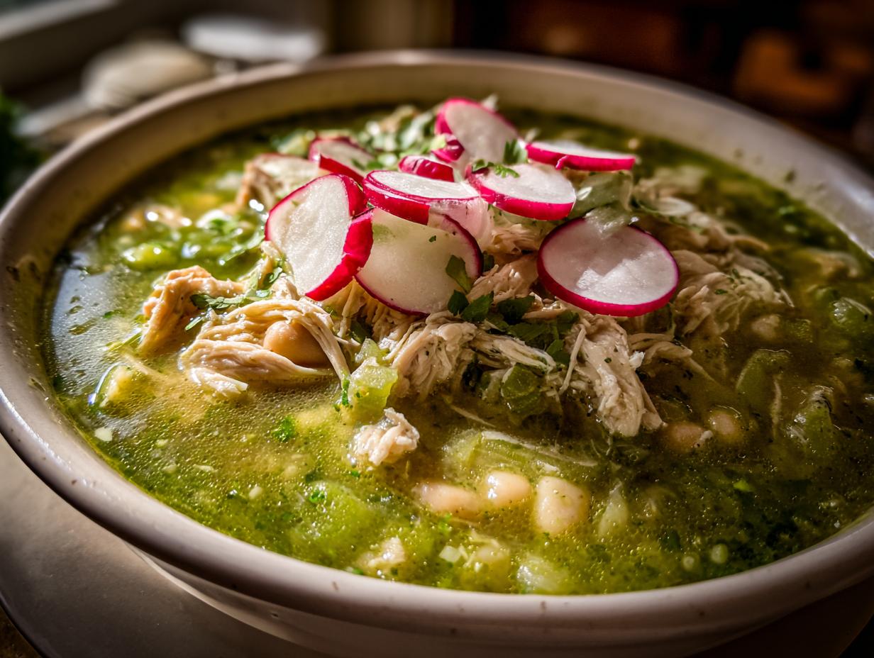Close-up of a steaming bowl of green chicken pozole topped with shredded chicken, hominy, and sliced radishes.