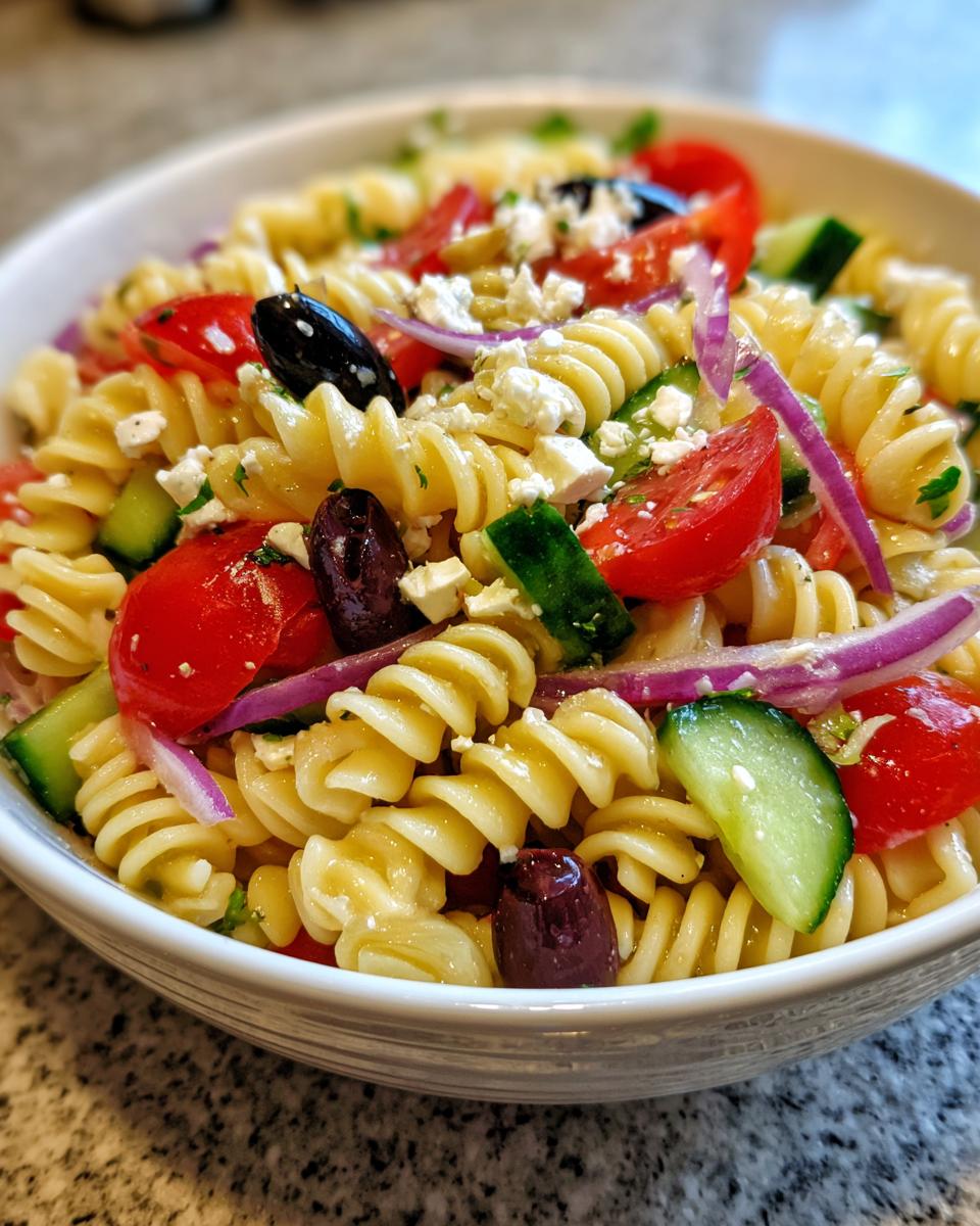 Close-up of a refreshing greek pasta salad featuring rotini pasta, tomatoes, cucumbers, olives, and feta cheese.