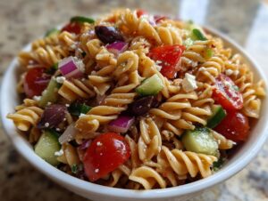 A close-up photograph of a vibrant greek pasta salad featuring fusilli pasta, cherry tomatoes, cucumbers, olives, and feta cheese.