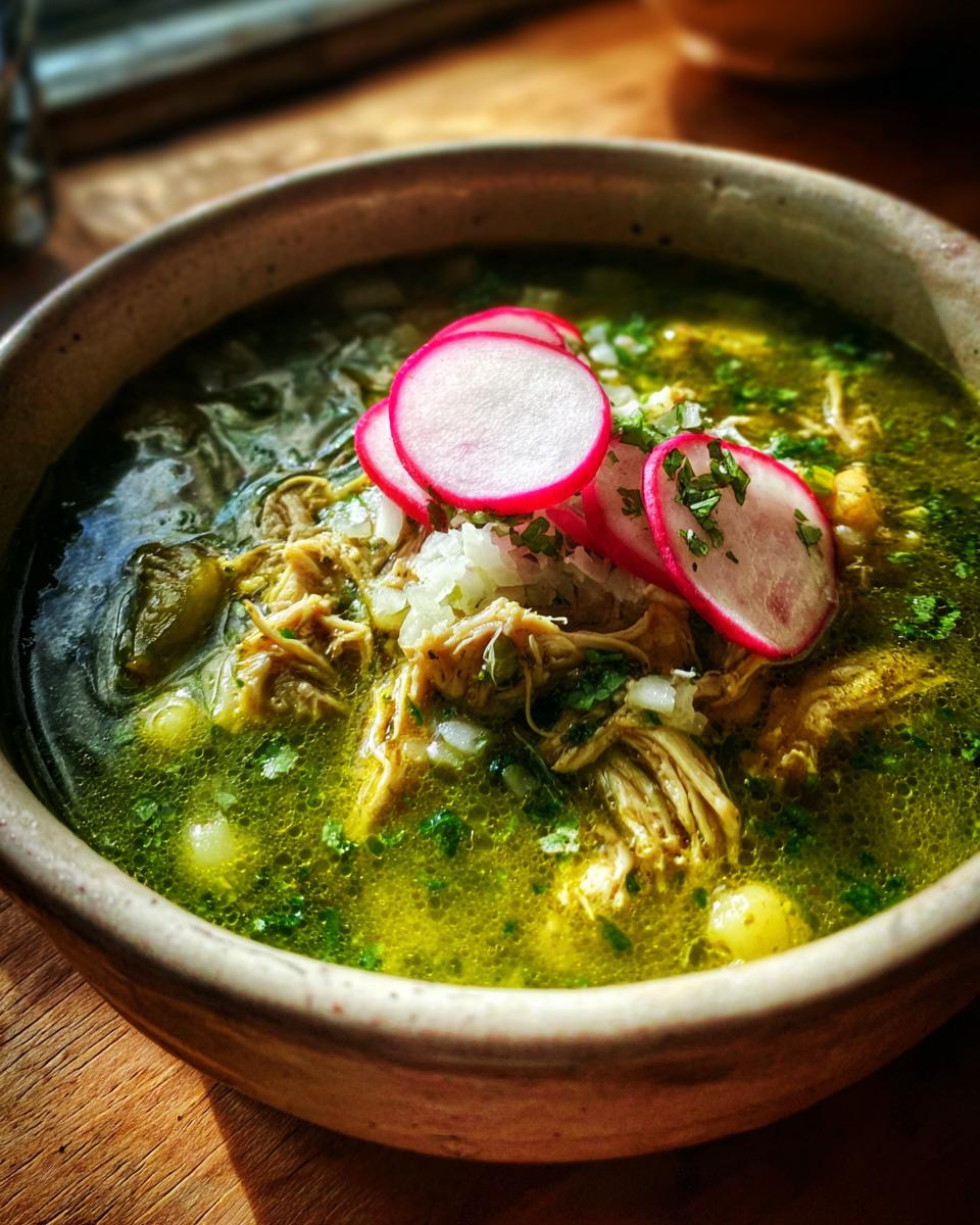 Close-up of a bowl of vibrant green chicken pozole topped with sliced radishes and onion.