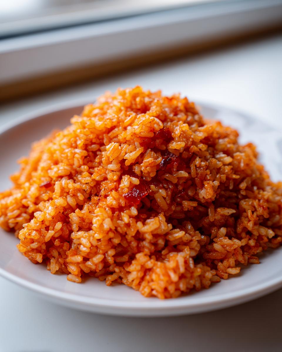 A close-up of a mound of bright orange Jollof rice served on a white plate near a window.