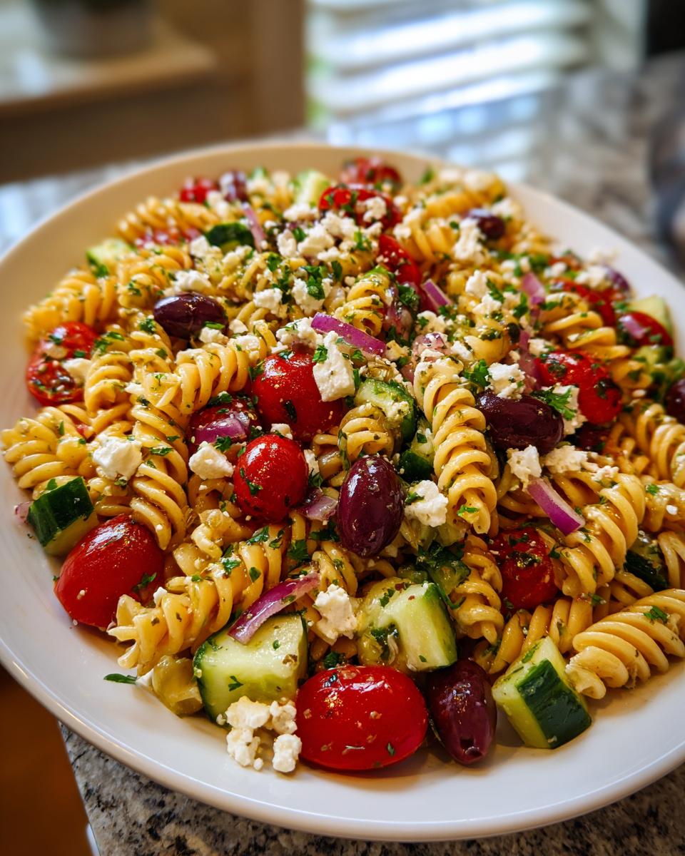 Close-up of a large white bowl filled with mediterranean pasta salad featuring rotini, cherry tomatoes, cucumbers, and feta.