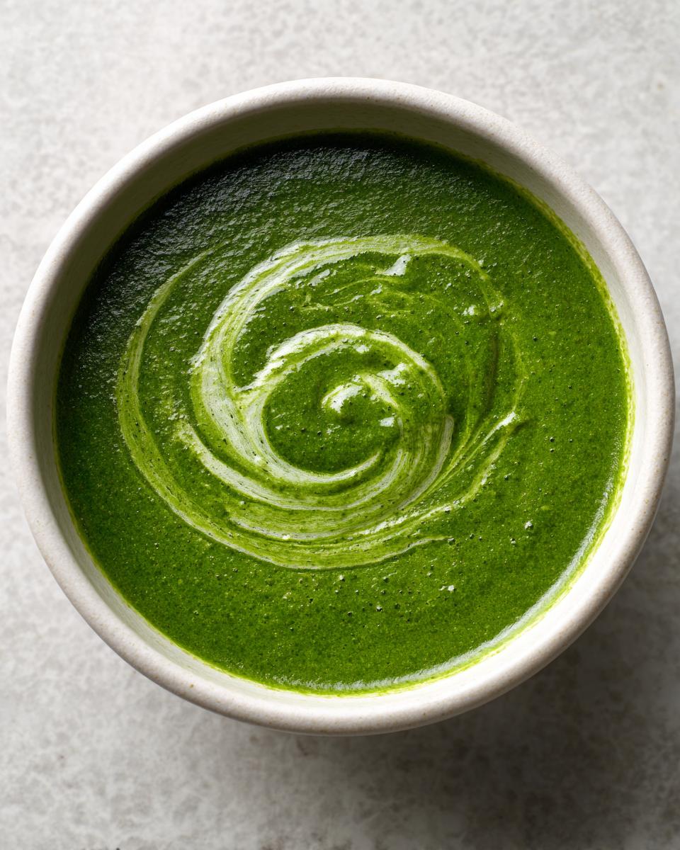 Overhead shot of a bowl of vibrant green spinach soup, garnished with a white cream swirl.